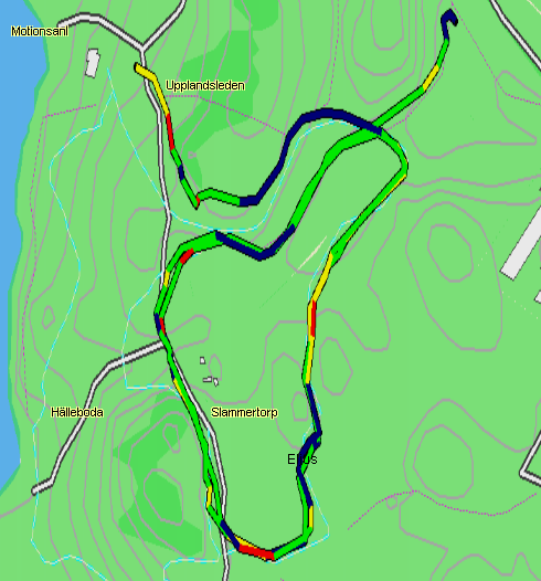 lopning-090703 Legend: Black 0-3, blue 3-6, green 6-9, yellow 9-12 and red above 12 km/h