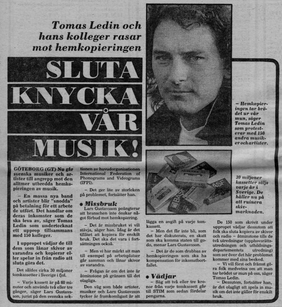 Tomas Ledin rasar mot kopieringen