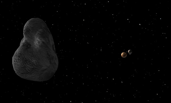 pluto-and-charon-seen-from-hydra The planetoid Pluto as seen from one of its moons, Hydra. Anoter moon is seen beyond Pluto, this is Hades.
