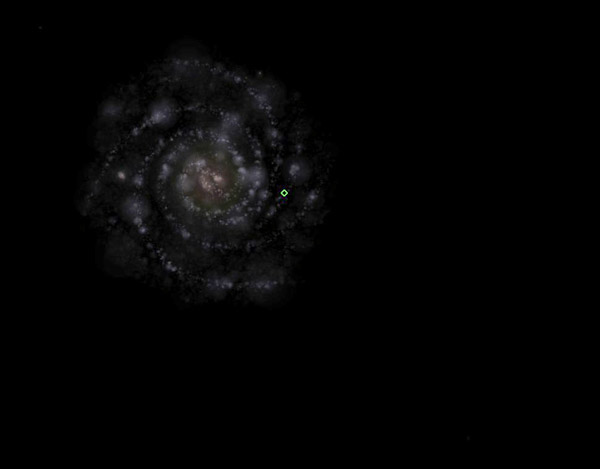 you-are-here The Milky Way galaxy as seen from a distance half-way from here to Andromeda (M31). The green marking is the location of the sun. You are here.